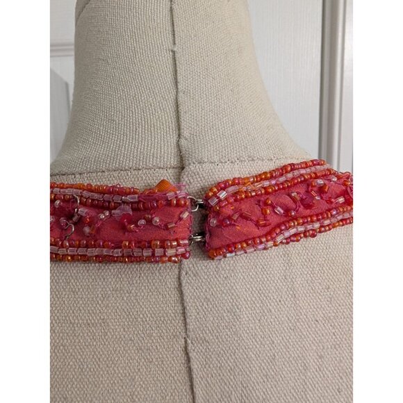 Vintage Y2K Scala Beaded Silk Halter Key Hole Backless Pink Double Slit Gown M - Picture 9 of 15